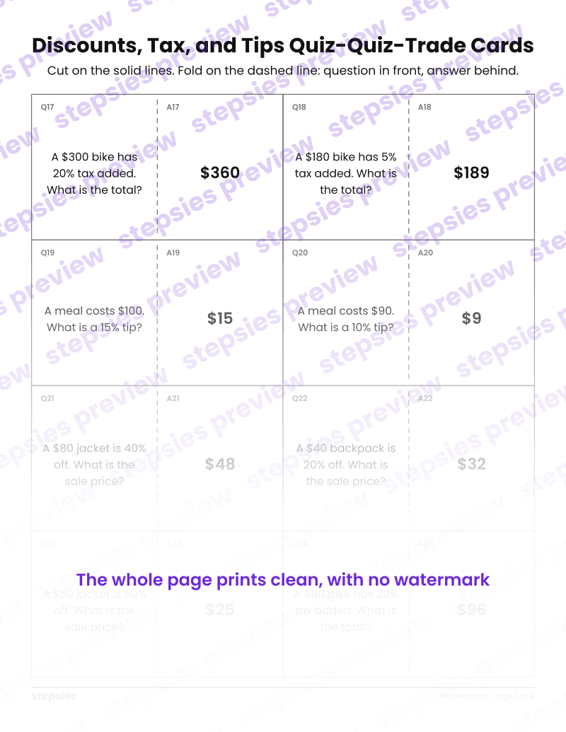 Discounts, Tax, and Tips: Quiz-Quiz-Trade Cards: page 3