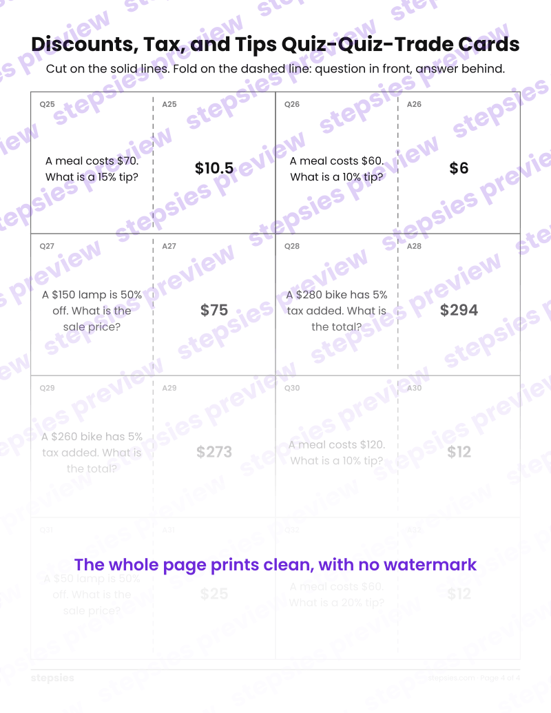 Discounts, Tax, and Tips: Quiz-Quiz-Trade Cards: page 4