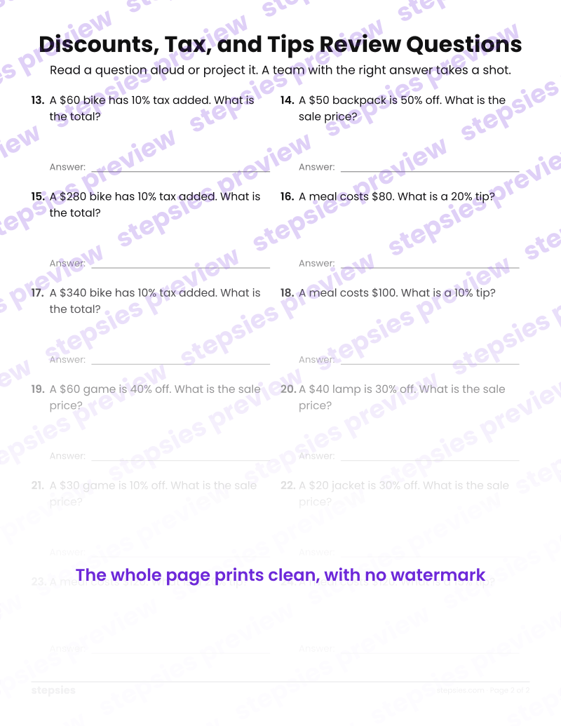 Discounts, Tax, and Tips: Trashketball Review Questions: page 2