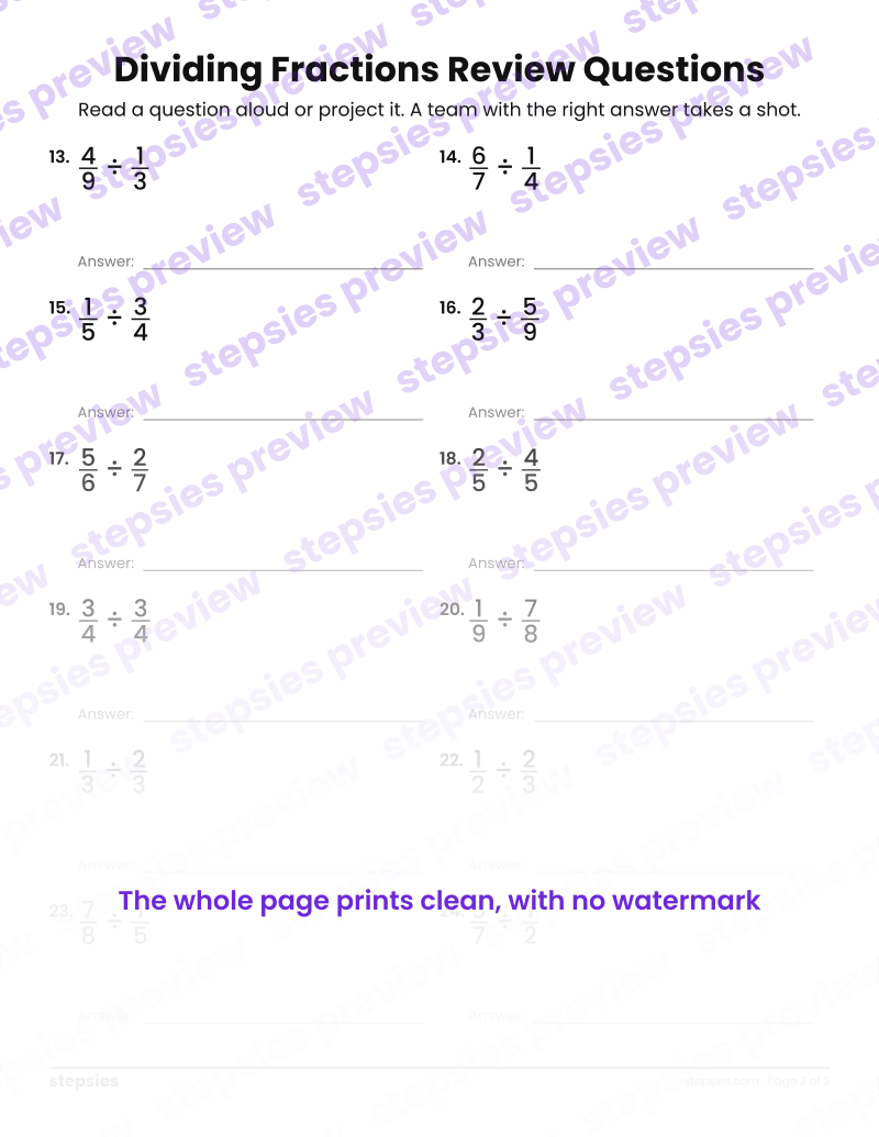 Dividing Fractions: Trashketball Review Questions: page 2