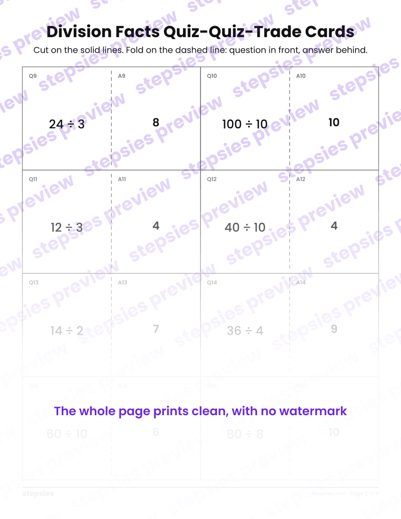 Division Facts: Quiz-Quiz-Trade Cards: page 2