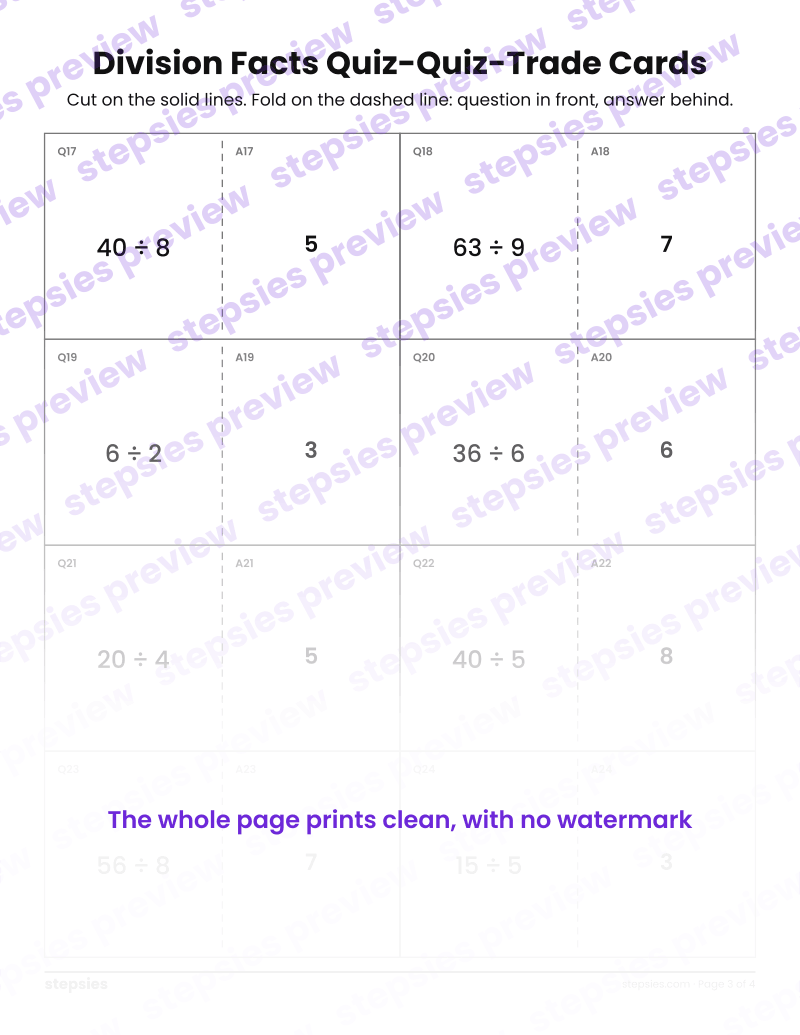 Division Facts: Quiz-Quiz-Trade Cards: page 3