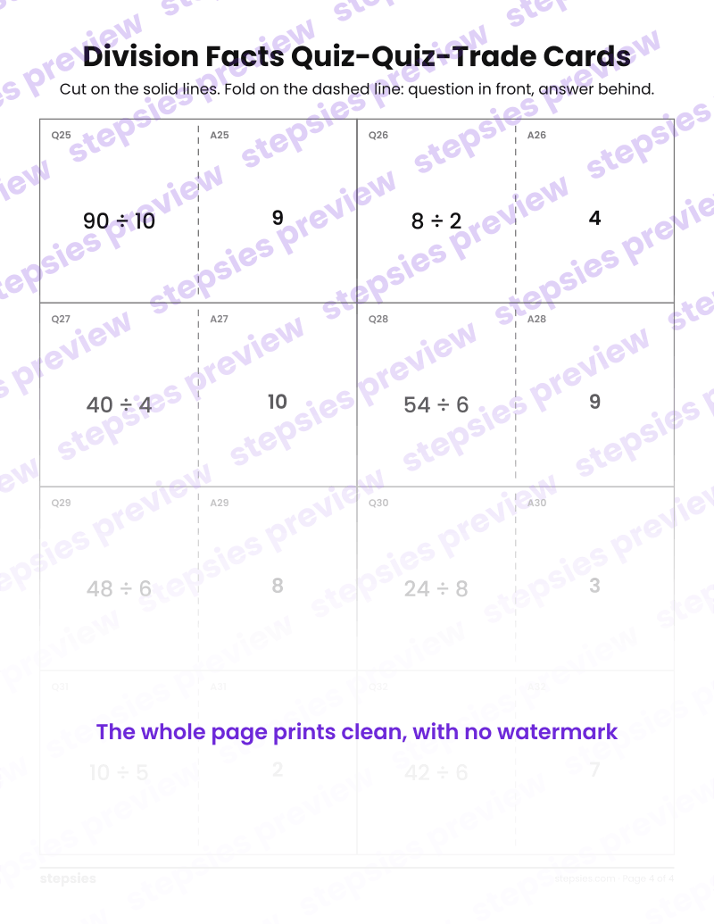 Division Facts: Quiz-Quiz-Trade Cards: page 4