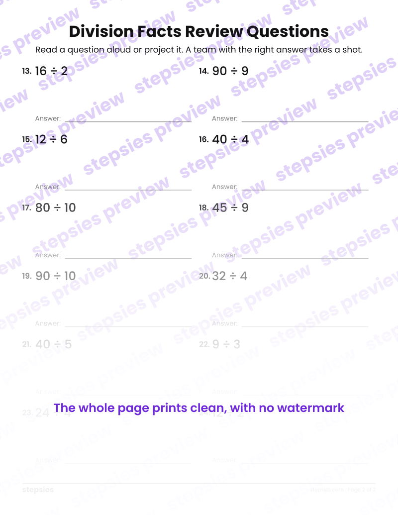 Division Facts: Trashketball Review Questions: page 2