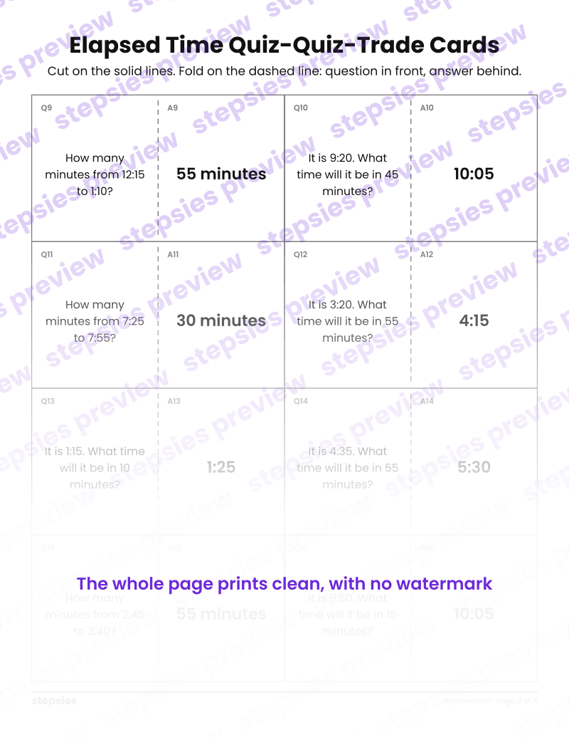 Elapsed Time: Quiz-Quiz-Trade Cards: page 2