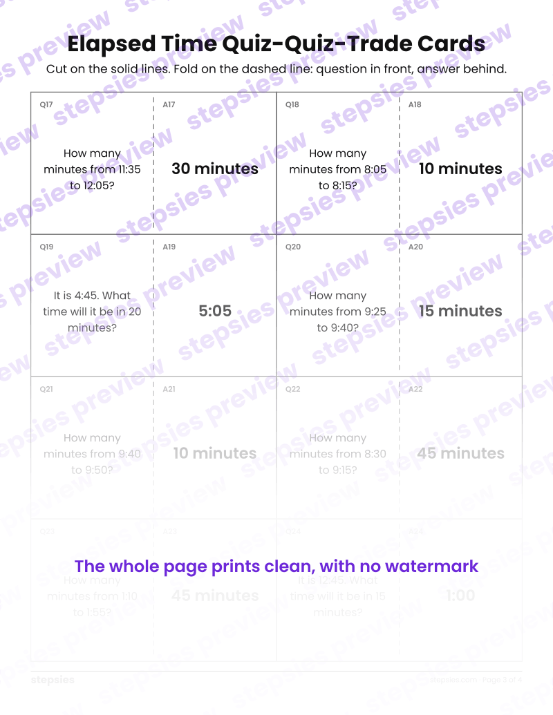 Elapsed Time: Quiz-Quiz-Trade Cards: page 3