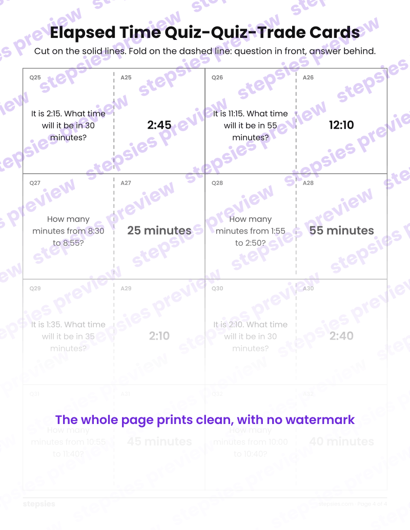 Elapsed Time: Quiz-Quiz-Trade Cards: page 4