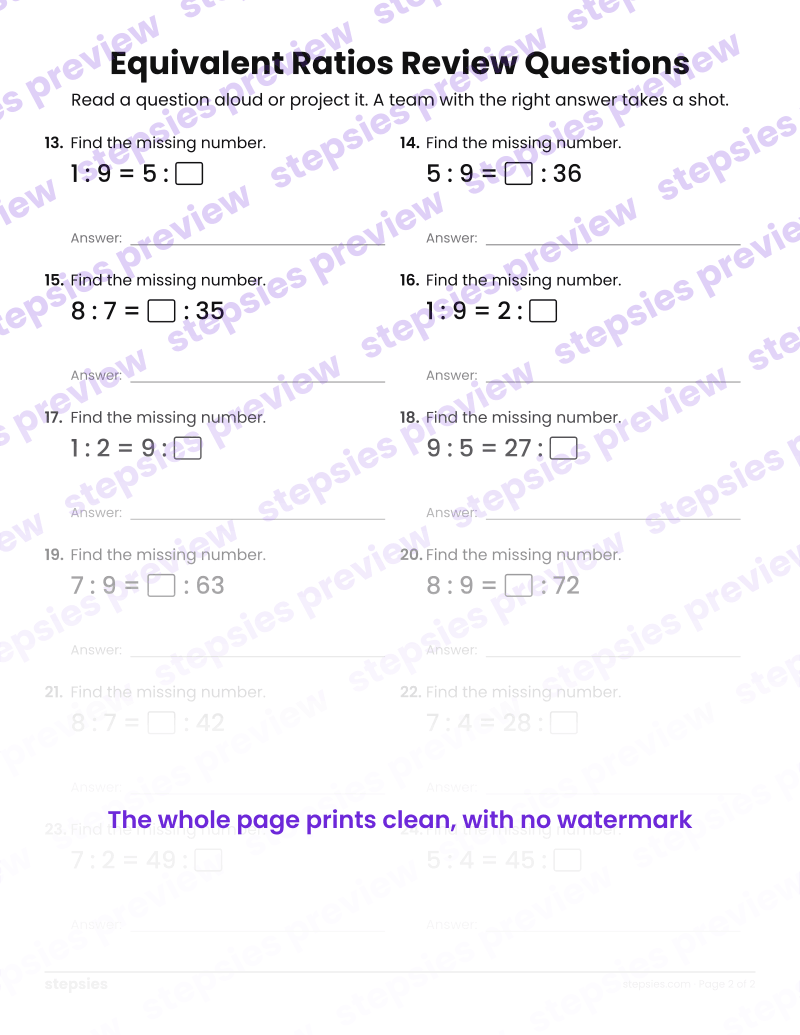 Equivalent Ratios: Trashketball Review Questions: page 2