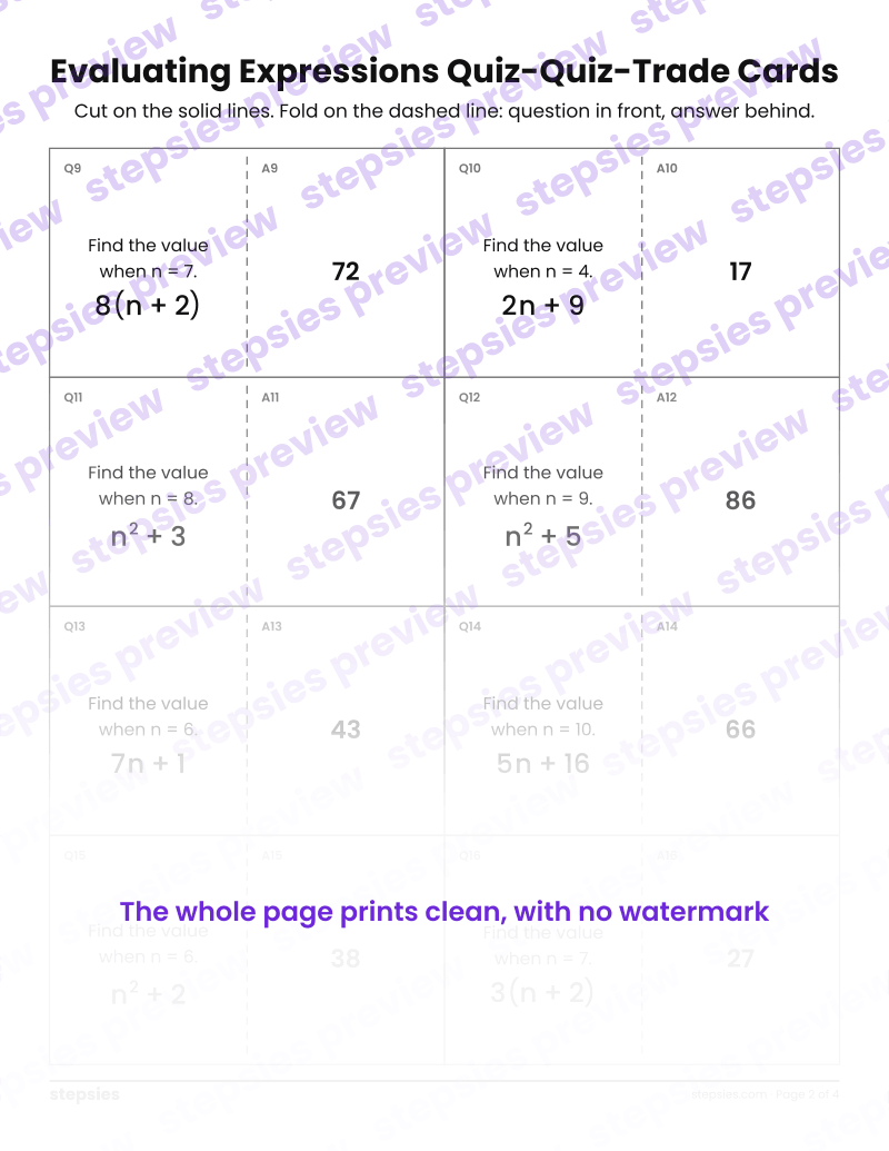 Evaluating Expressions: Quiz-Quiz-Trade Cards: page 2