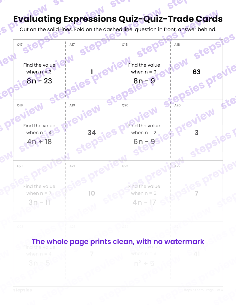 Evaluating Expressions: Quiz-Quiz-Trade Cards: page 3