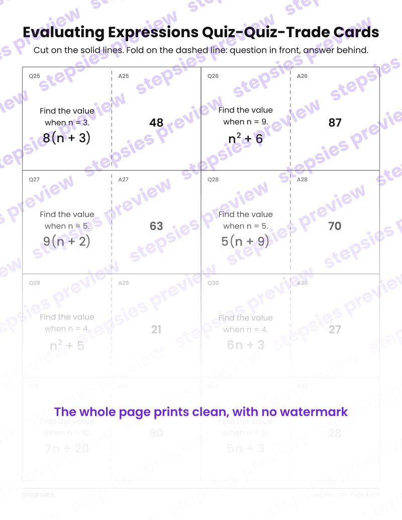 Evaluating Expressions: Quiz-Quiz-Trade Cards: page 4