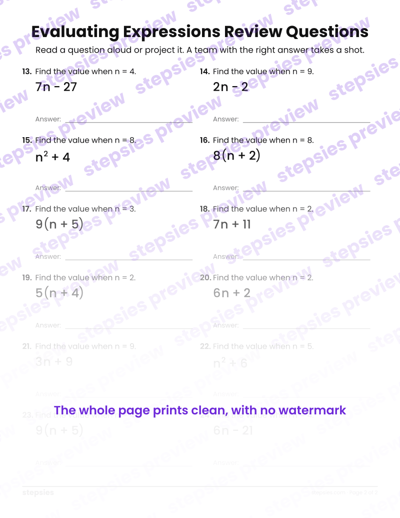 Evaluating Expressions: Trashketball Review Questions: page 2
