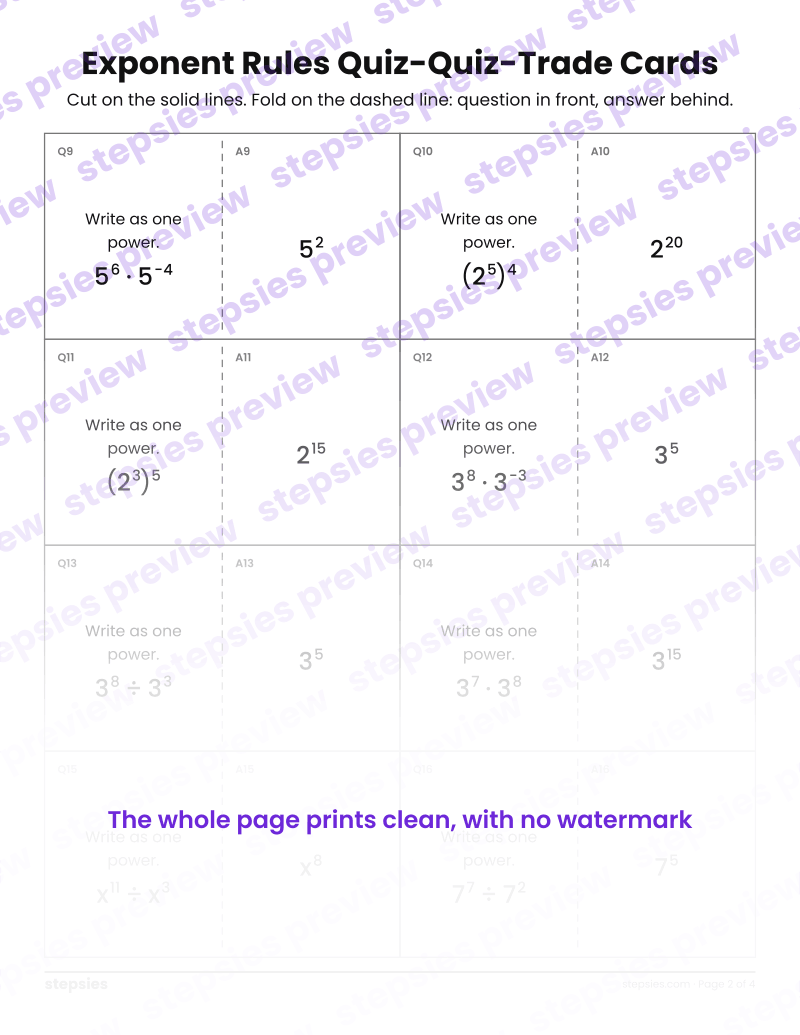Exponent Rules: Quiz-Quiz-Trade Cards: page 2