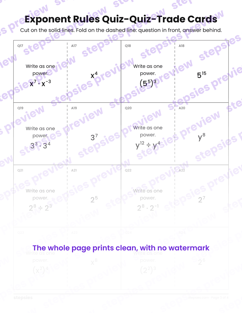 Exponent Rules: Quiz-Quiz-Trade Cards: page 3