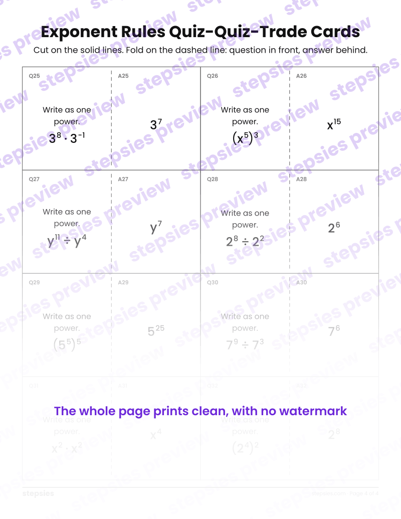 Exponent Rules: Quiz-Quiz-Trade Cards: page 4