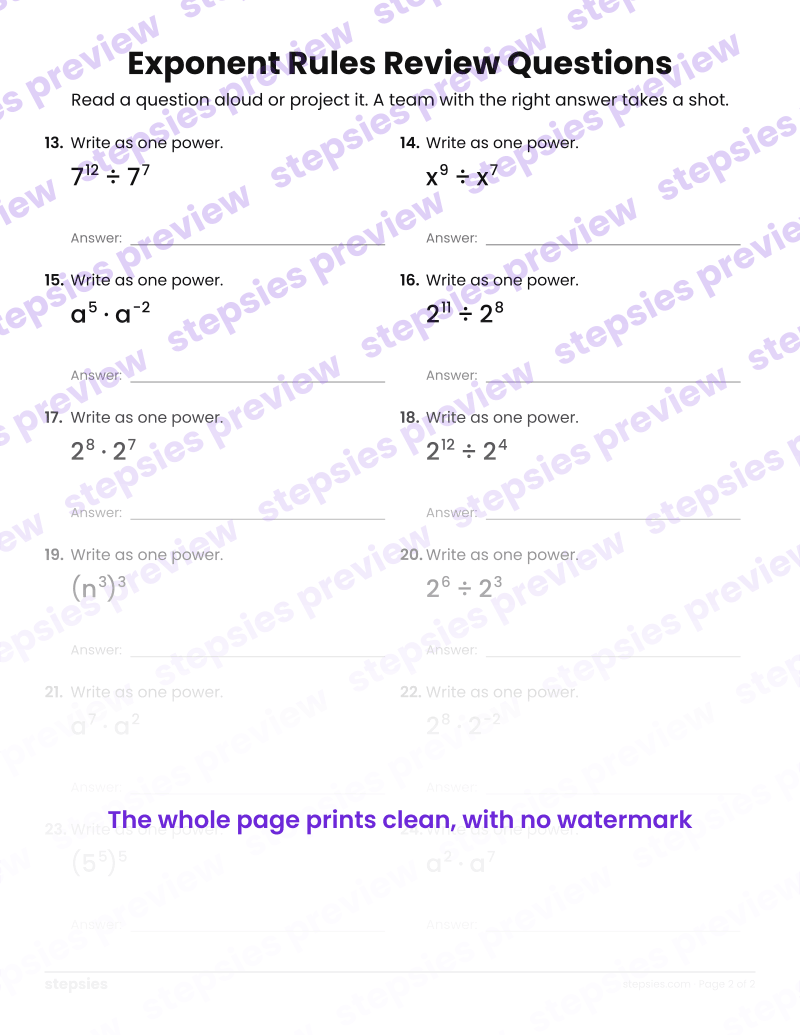 Exponent Rules: Trashketball Review Questions: page 2