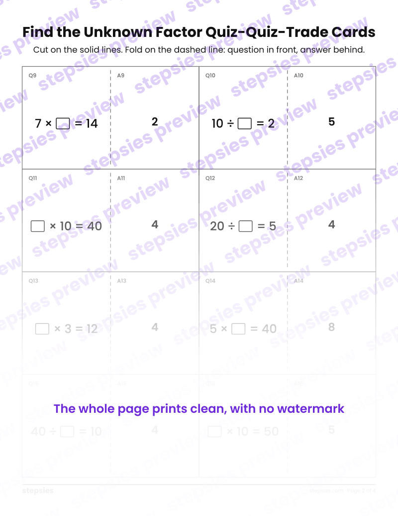 Find the Unknown Factor: Quiz-Quiz-Trade Cards: page 2
