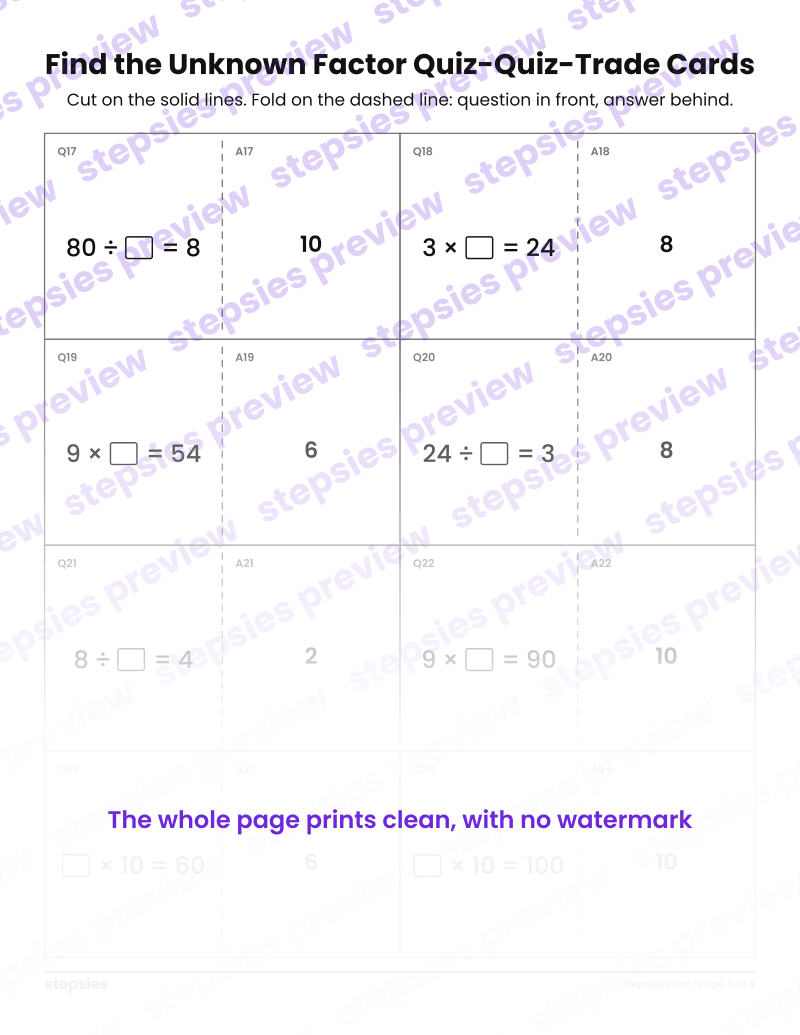 Find the Unknown Factor: Quiz-Quiz-Trade Cards: page 3