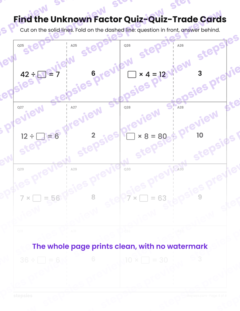 Find the Unknown Factor: Quiz-Quiz-Trade Cards: page 4