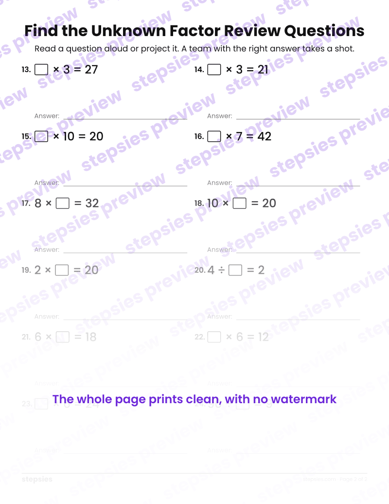 Find the Unknown Factor: Trashketball Review Questions: page 2