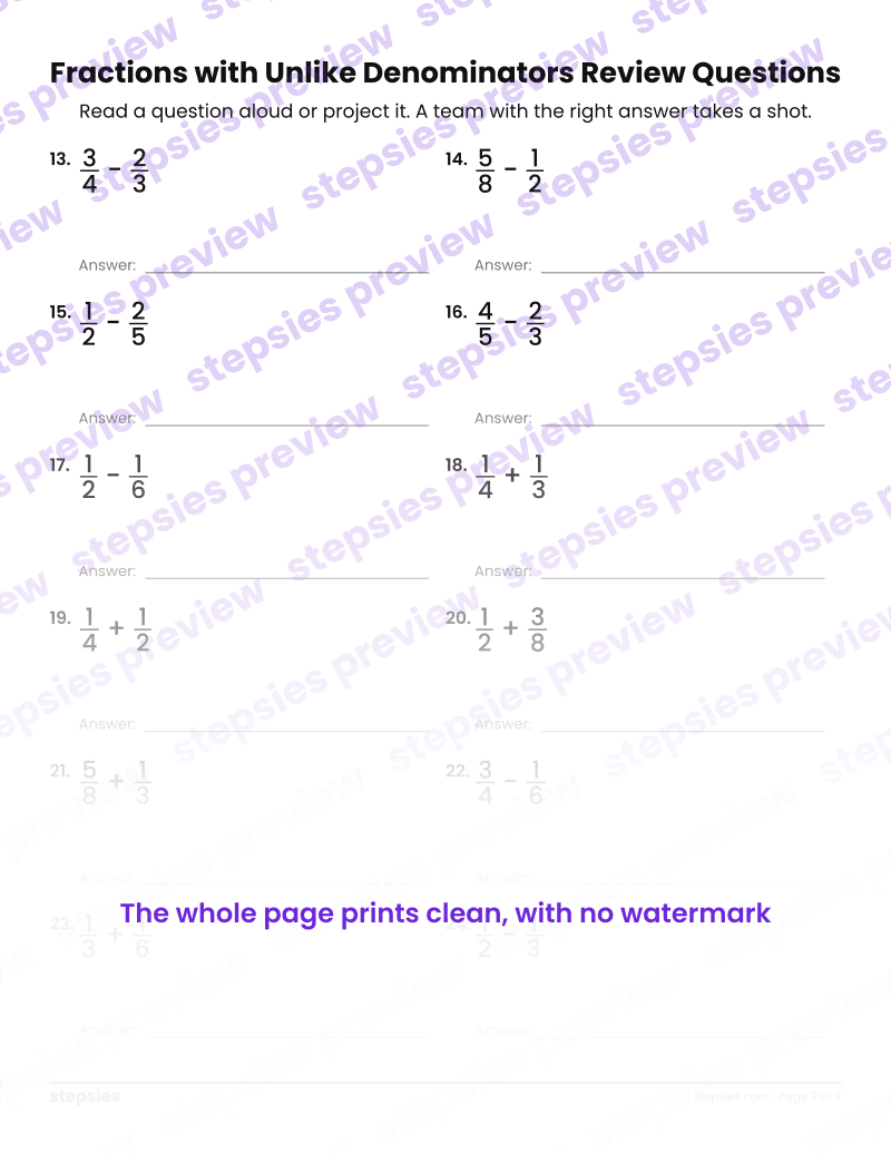Fractions with Unlike Denominators: Trashketball Review Questions: page 2