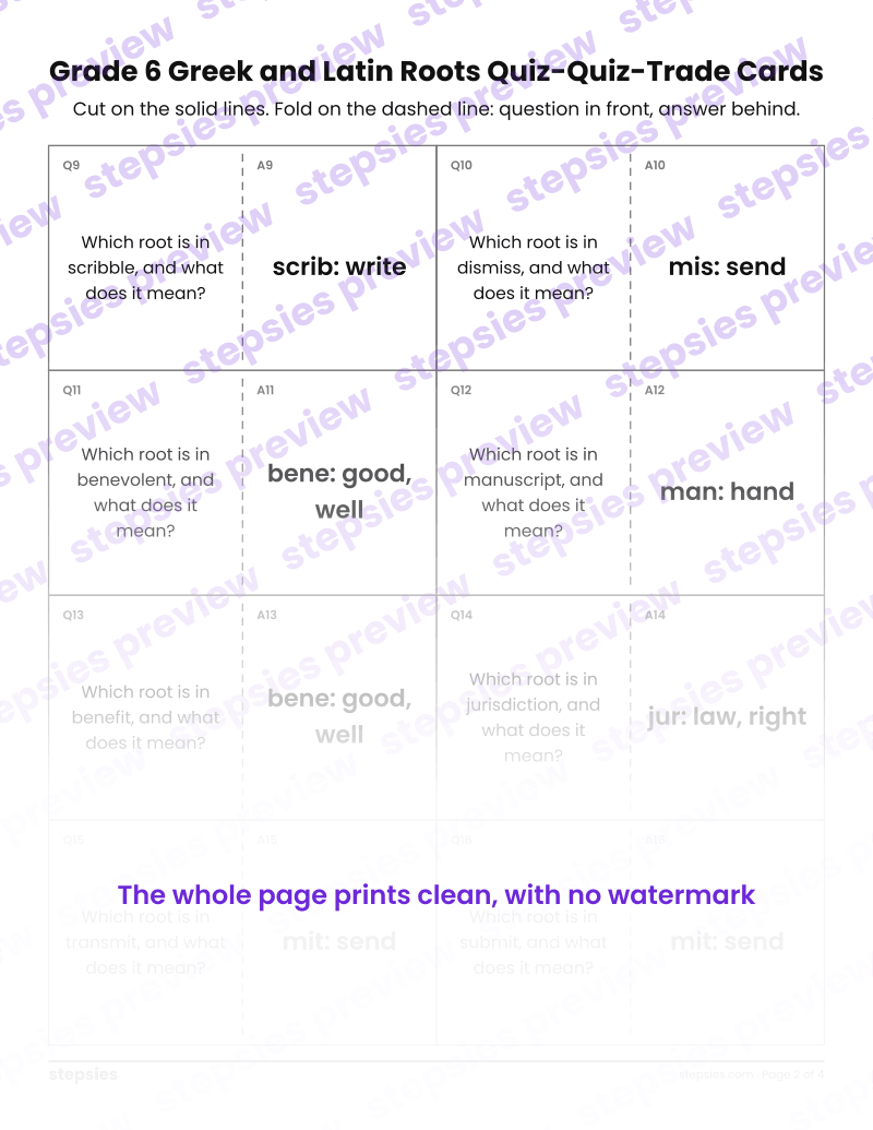Grade 6 Greek and Latin Roots: Quiz-Quiz-Trade Cards: page 2