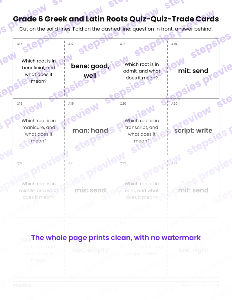 Grade 6 Greek and Latin Roots: Quiz-Quiz-Trade Cards: page 3