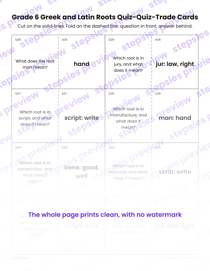 Grade 6 Greek and Latin Roots: Quiz-Quiz-Trade Cards: page 4