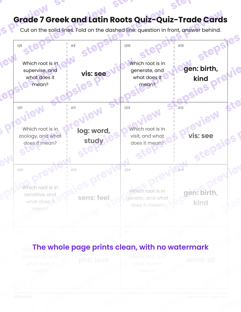 Grade 7 Greek and Latin Roots: Quiz-Quiz-Trade Cards: page 2