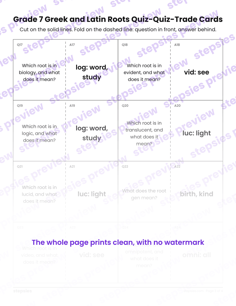 Grade 7 Greek and Latin Roots: Quiz-Quiz-Trade Cards: page 3