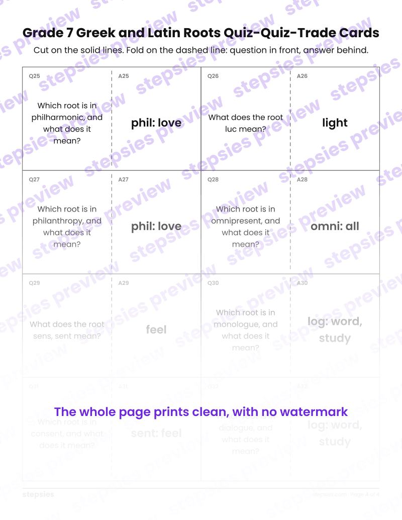 Grade 7 Greek and Latin Roots: Quiz-Quiz-Trade Cards: page 4