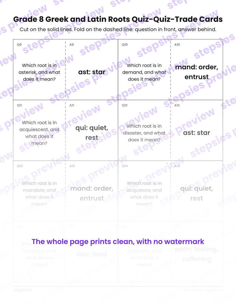 Grade 8 Greek and Latin Roots: Quiz-Quiz-Trade Cards: page 2