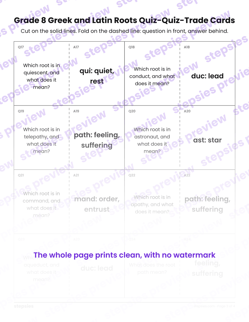 Grade 8 Greek and Latin Roots: Quiz-Quiz-Trade Cards: page 3
