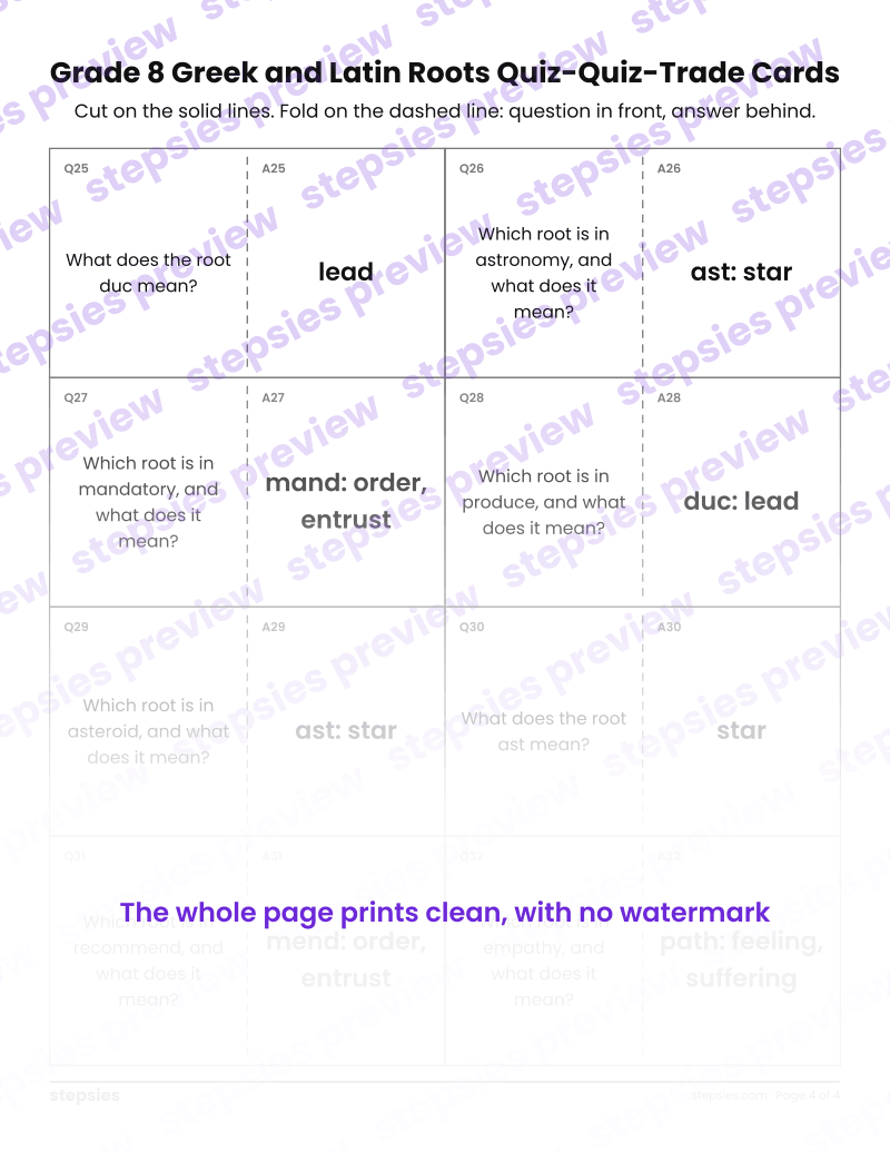 Grade 8 Greek and Latin Roots: Quiz-Quiz-Trade Cards: page 4