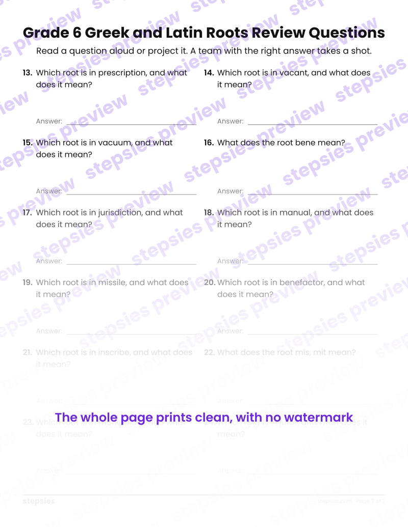 Grade 6 Greek and Latin Roots: Trashketball Review Questions: page 2