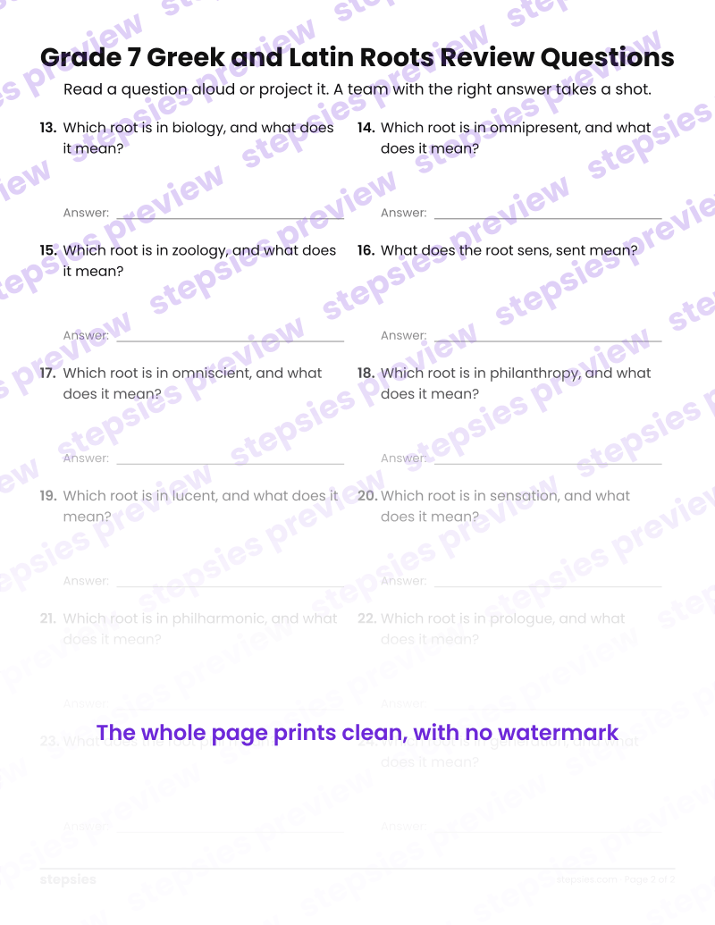Grade 7 Greek and Latin Roots: Trashketball Review Questions: page 2