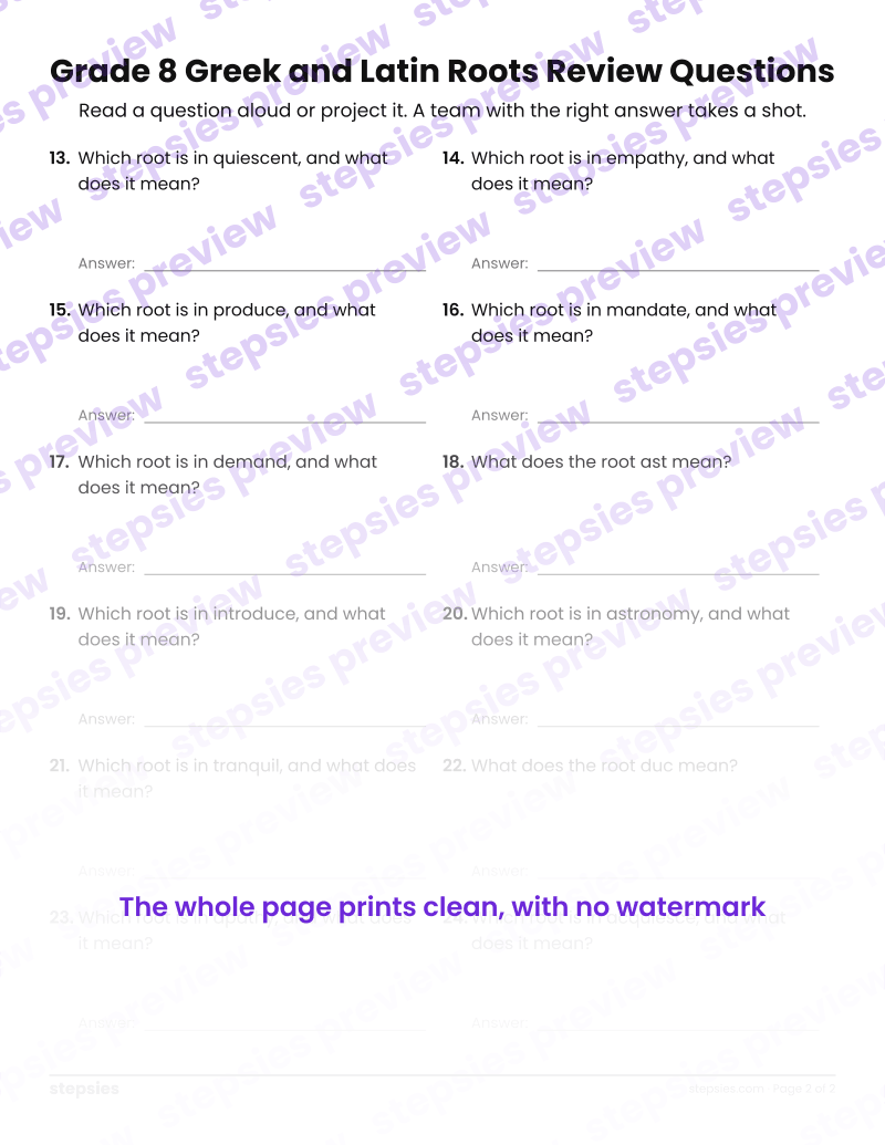 Grade 8 Greek and Latin Roots: Trashketball Review Questions: page 2
