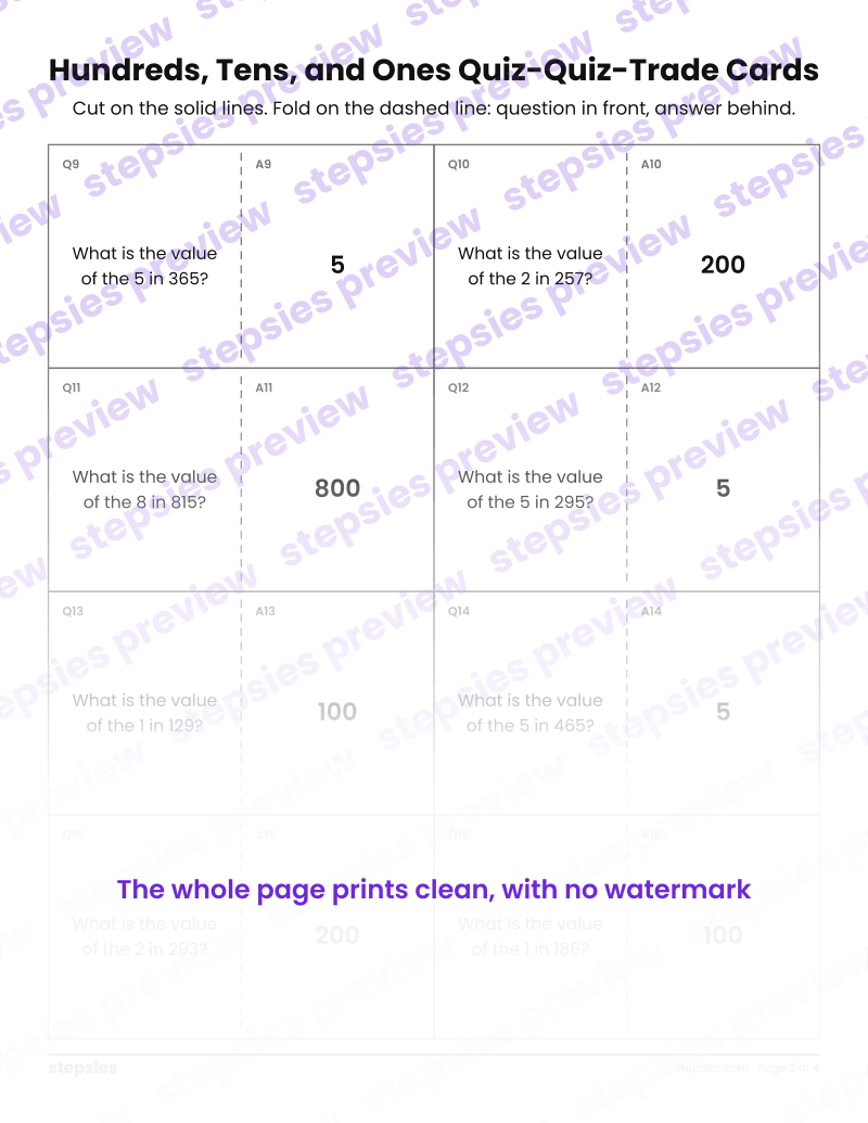 Hundreds, Tens, and Ones: Quiz-Quiz-Trade Cards: page 2