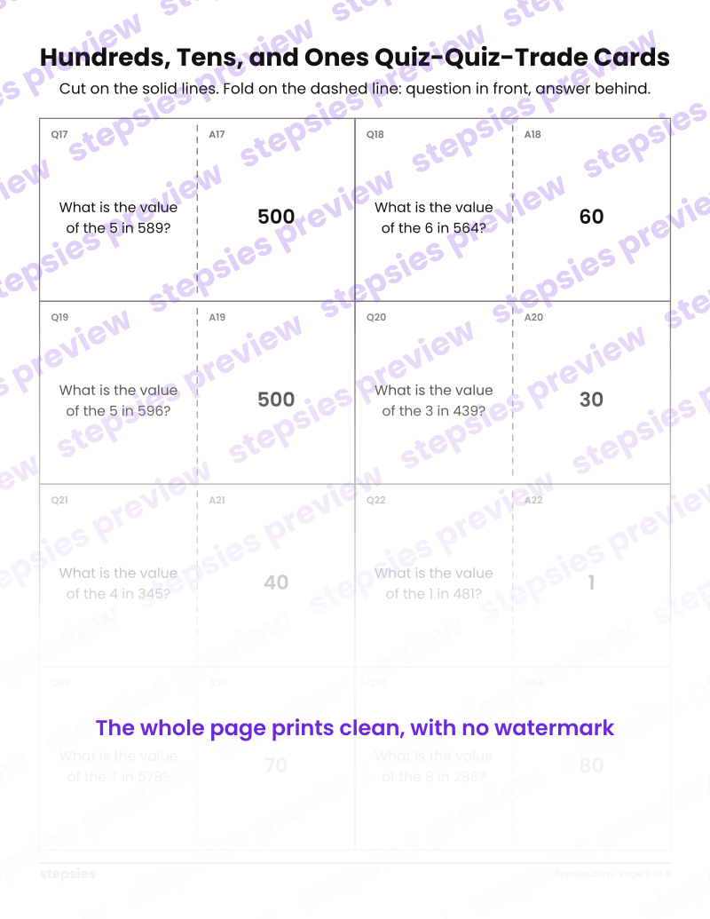 Hundreds, Tens, and Ones: Quiz-Quiz-Trade Cards: page 3