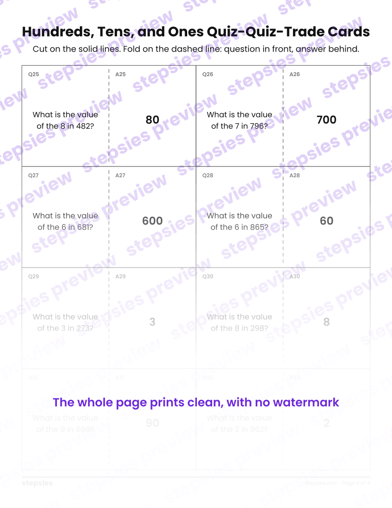 Hundreds, Tens, and Ones: Quiz-Quiz-Trade Cards: page 4