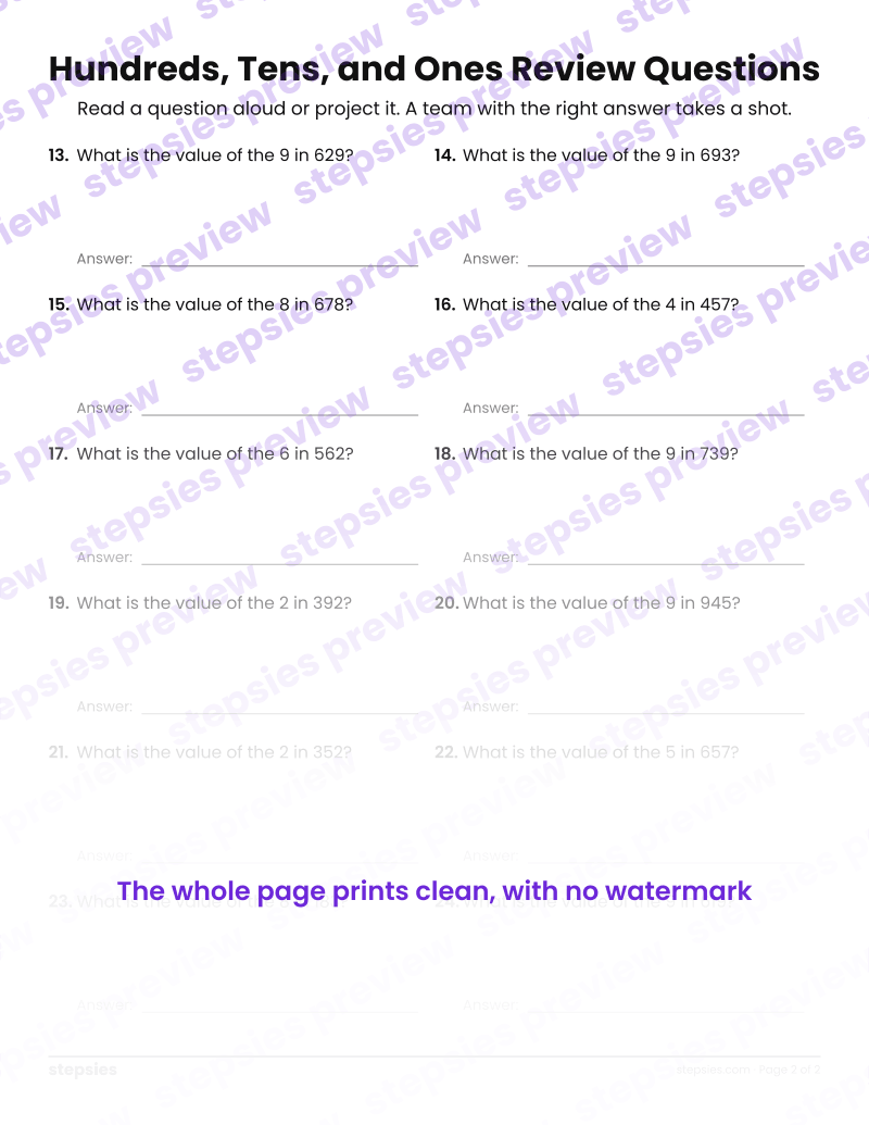 Hundreds, Tens, and Ones: Trashketball Review Questions: page 2