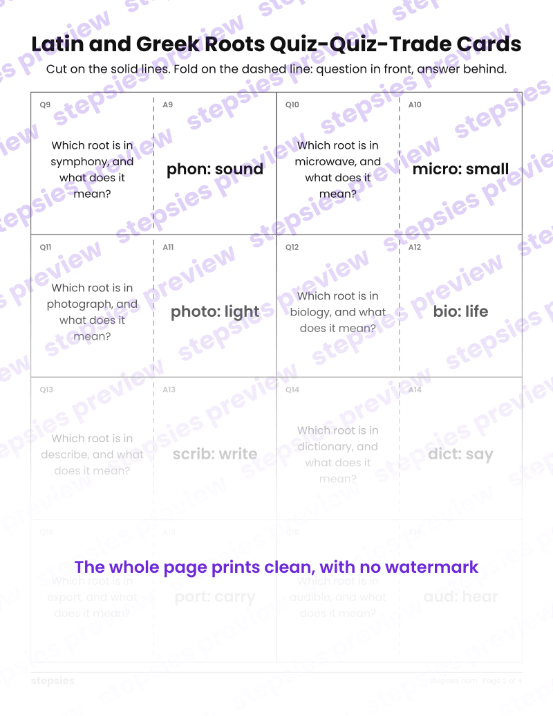 Latin and Greek Roots: Quiz-Quiz-Trade Cards: page 2