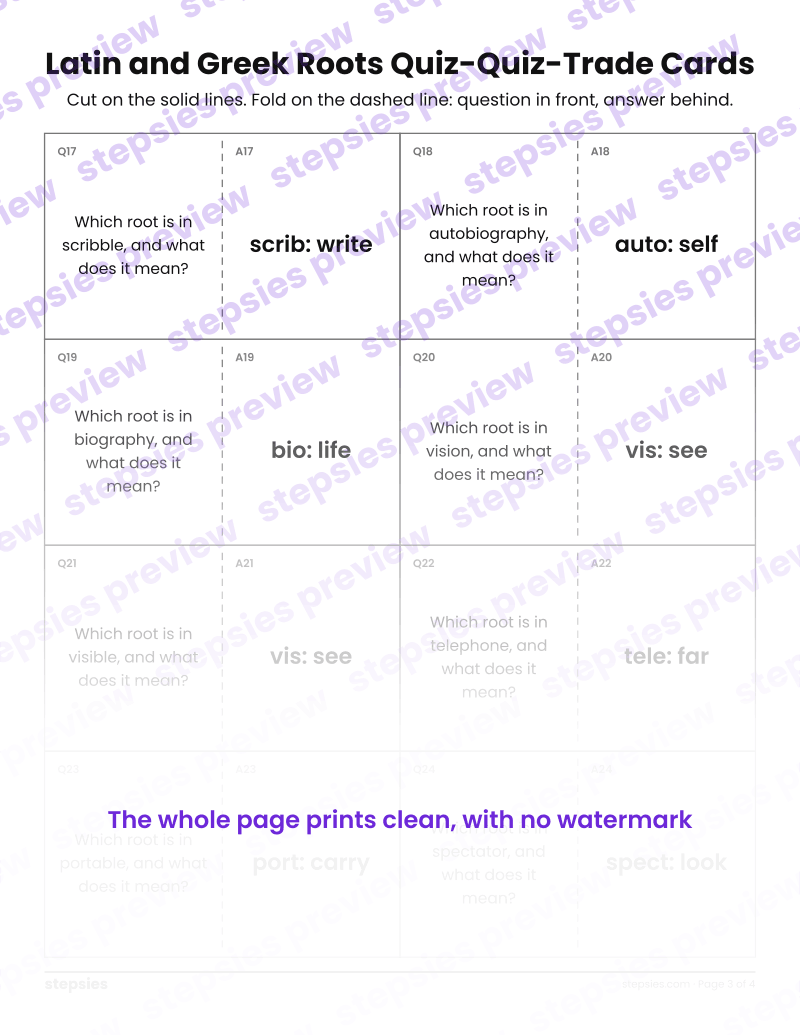 Latin and Greek Roots: Quiz-Quiz-Trade Cards: page 3