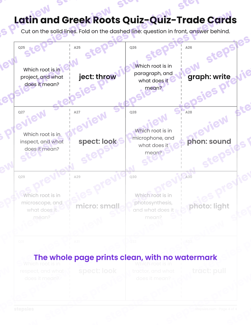 Latin and Greek Roots: Quiz-Quiz-Trade Cards: page 4