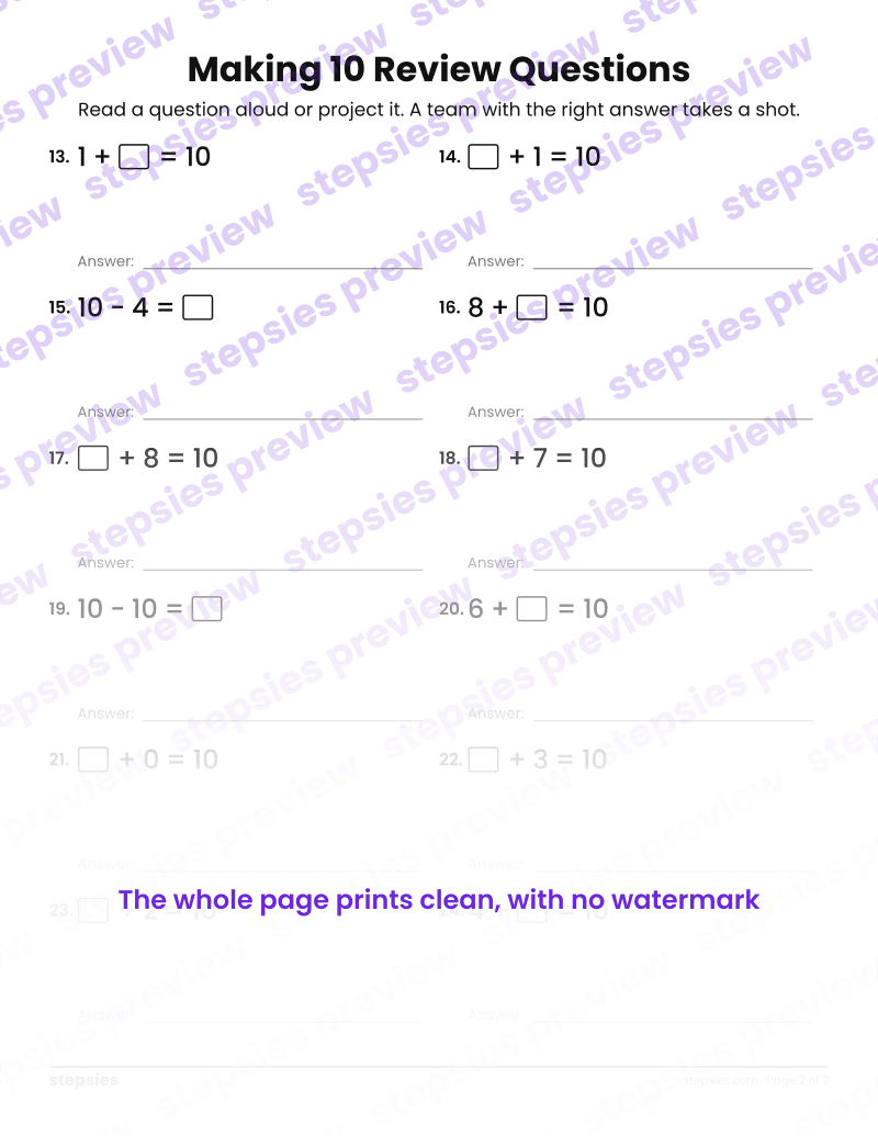 Making 10: Trashketball Review Questions: page 2