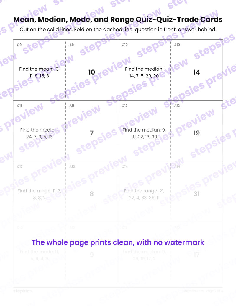 Mean, Median, Mode, and Range: Quiz-Quiz-Trade Cards: page 2