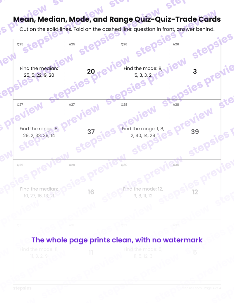 Mean, Median, Mode, and Range: Quiz-Quiz-Trade Cards: page 4