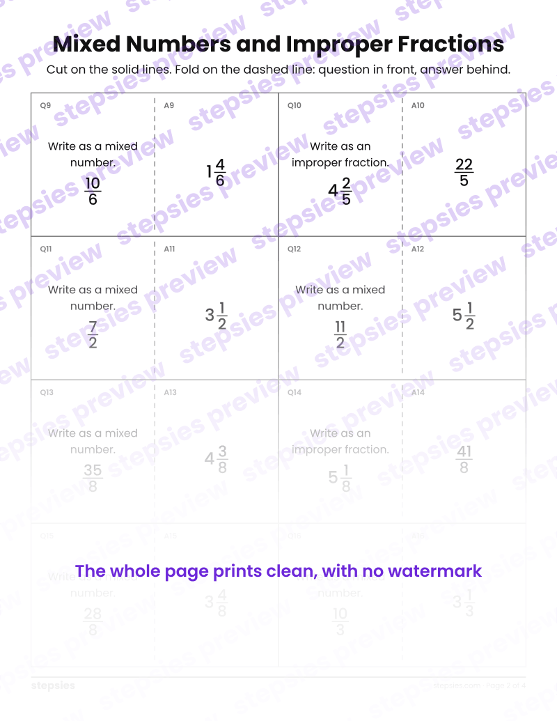 Mixed Numbers and Improper Fractions: Quiz-Quiz-Trade Cards: page 2