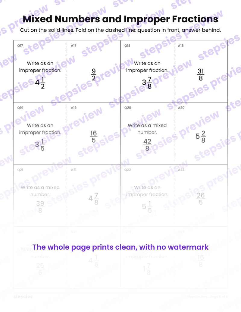 Mixed Numbers and Improper Fractions: Quiz-Quiz-Trade Cards: page 3