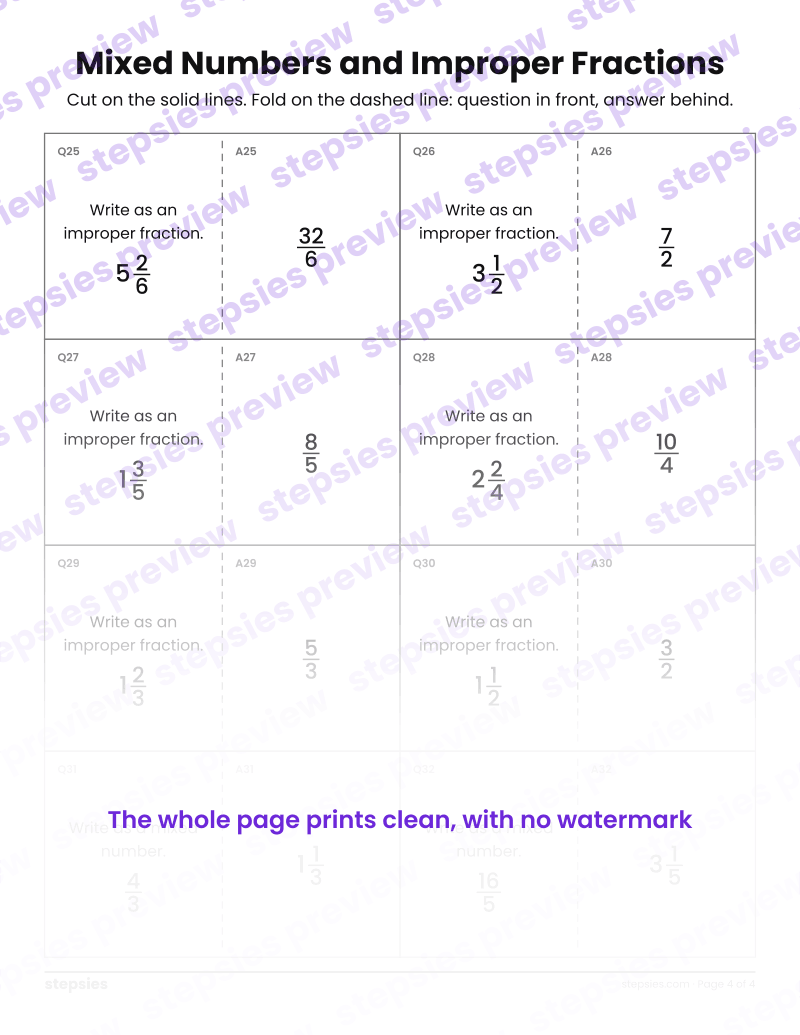 Mixed Numbers and Improper Fractions: Quiz-Quiz-Trade Cards: page 4